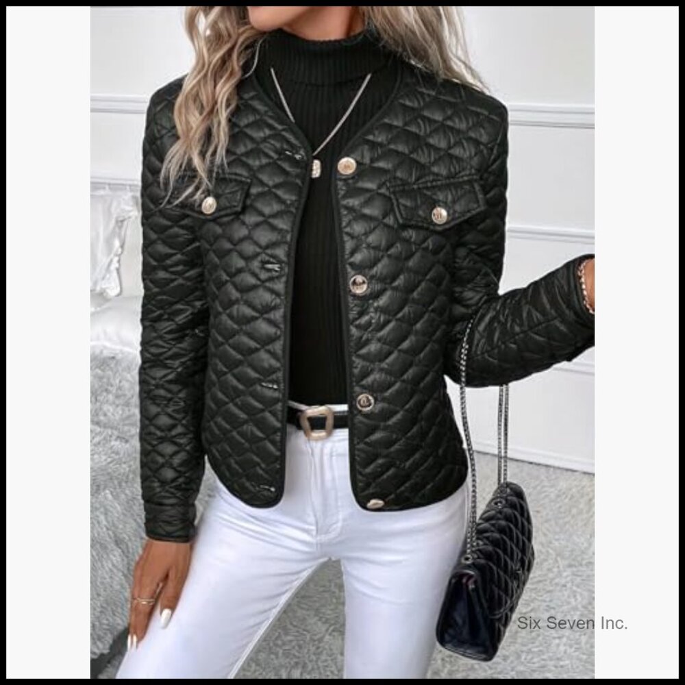 Quilted Polyester Cropped Jacket with Button Clos… - image 4